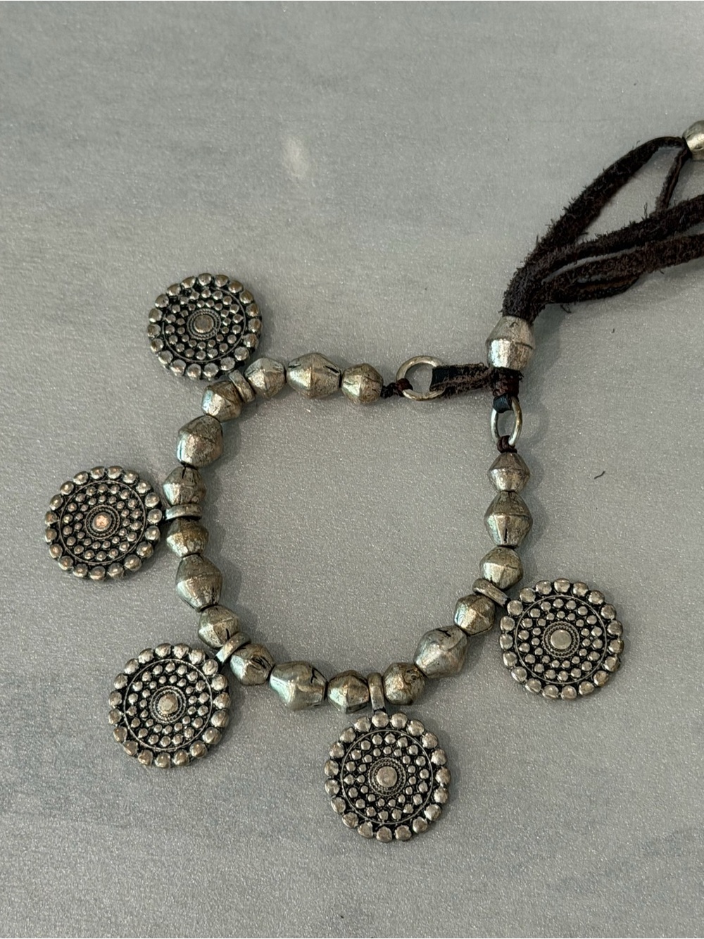 Great Looking Boho Lucky Brand Silvertone Medallions on Adjustable Suede Ties